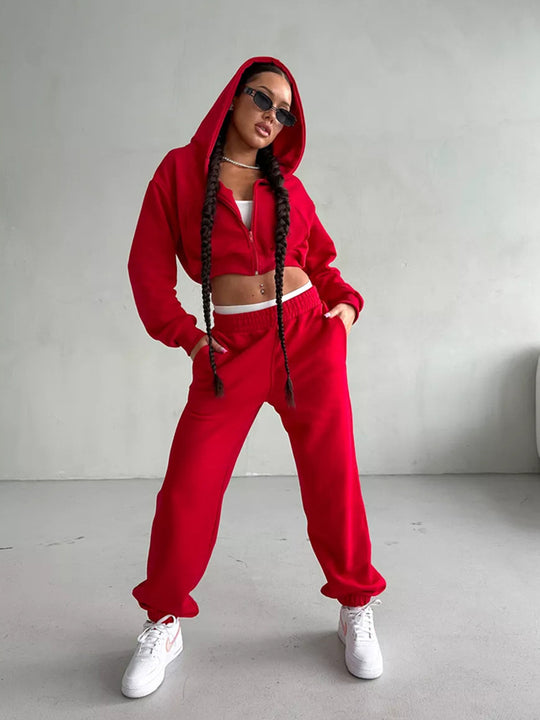 Damen kurzes Zip-Kapuzensweatshirt mit tailliertem Bündchen und weitem High‑Waist French‑Terry Jogginghose Set EB
