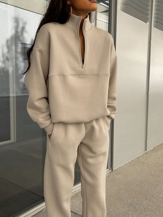 Damen nan Oversize Half-Zip Sweatshirt mit Stehkragen und weicher Jogginghose EB