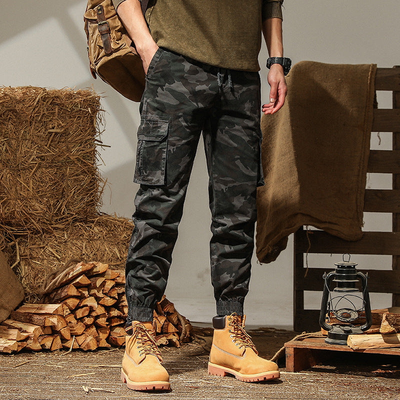 Herren Cargohhose im Camouflage-Joggerstil mit Kordelzug, elastischem Saum und Mehrfach-Taschen EB