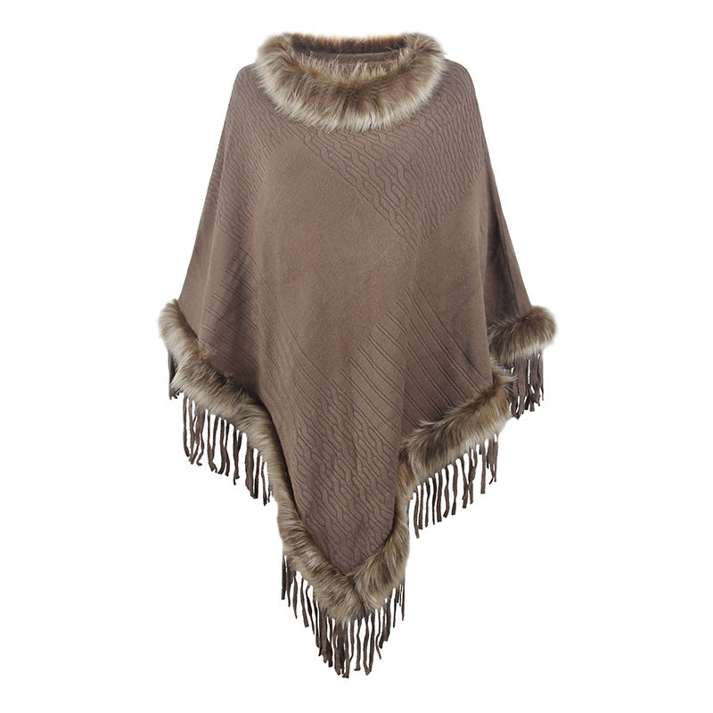 Damen eleganter Poncho mit luxuriösem Kunstfellkragen und dekadenten Fransen EB