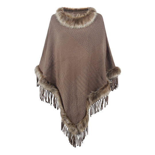 Damen eleganter Poncho mit luxuriösem Kunstfellkragen und dekadenten Fransen EB