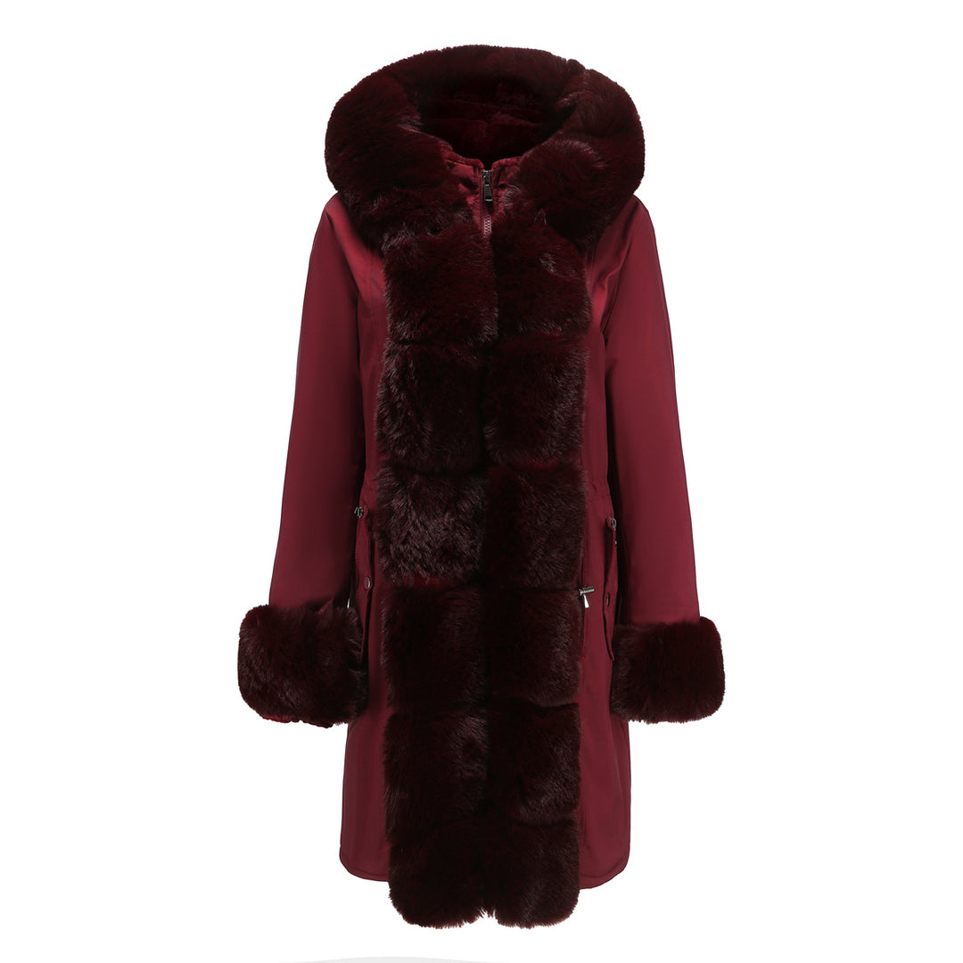 Damen modische Lange Jacke mit Kunstfellbesatz EB