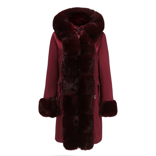 Damen modische Lange Jacke mit Kunstfellbesatz EB