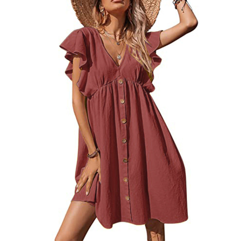 Damen Luftiges Sommerkleid mit verspielten Rüschendetails und Knopfverschluss EB