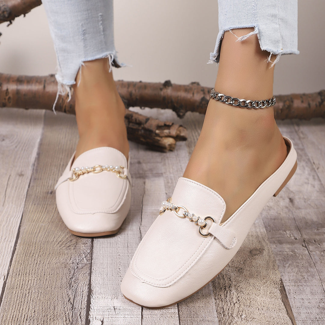 Damen Elegante Mokassins mit Perlen-Detail und modischem Kettenverschluss EB