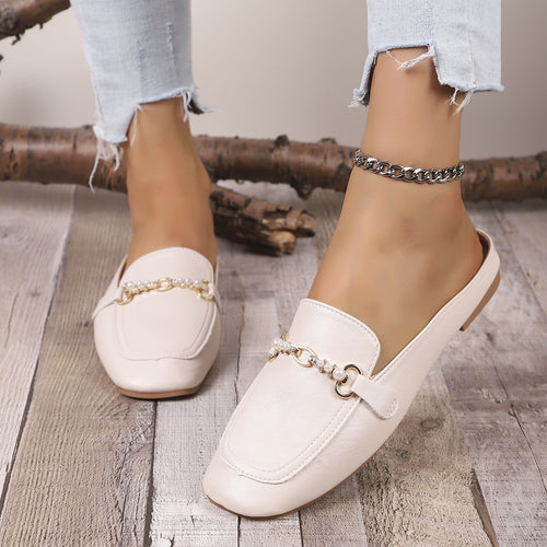Damen Elegante Mokassins mit Perlen-Detail und modischem Kettenverschluss EB