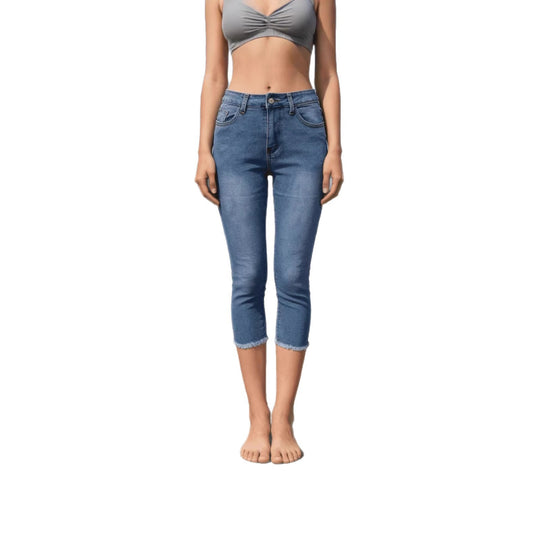 Damen nan schmale knöchellange Jeans mit rohem Fransenabschluss und mittelhoher Taille EB