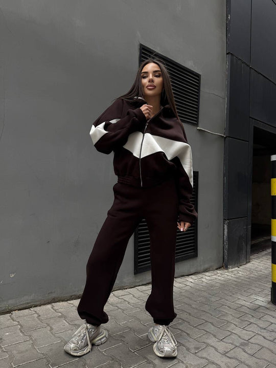Damen Athleisure-Zweiteiler aus schwerem Neopren-Fleece mit geometrischen Teilungsnähten und hoher Taille EB