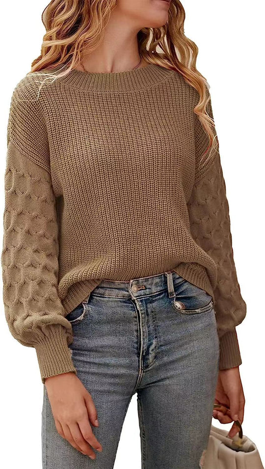 Damen modischer Strickpullover mit strukturierten Ärmeln und Rundhalsausschnitt EB
