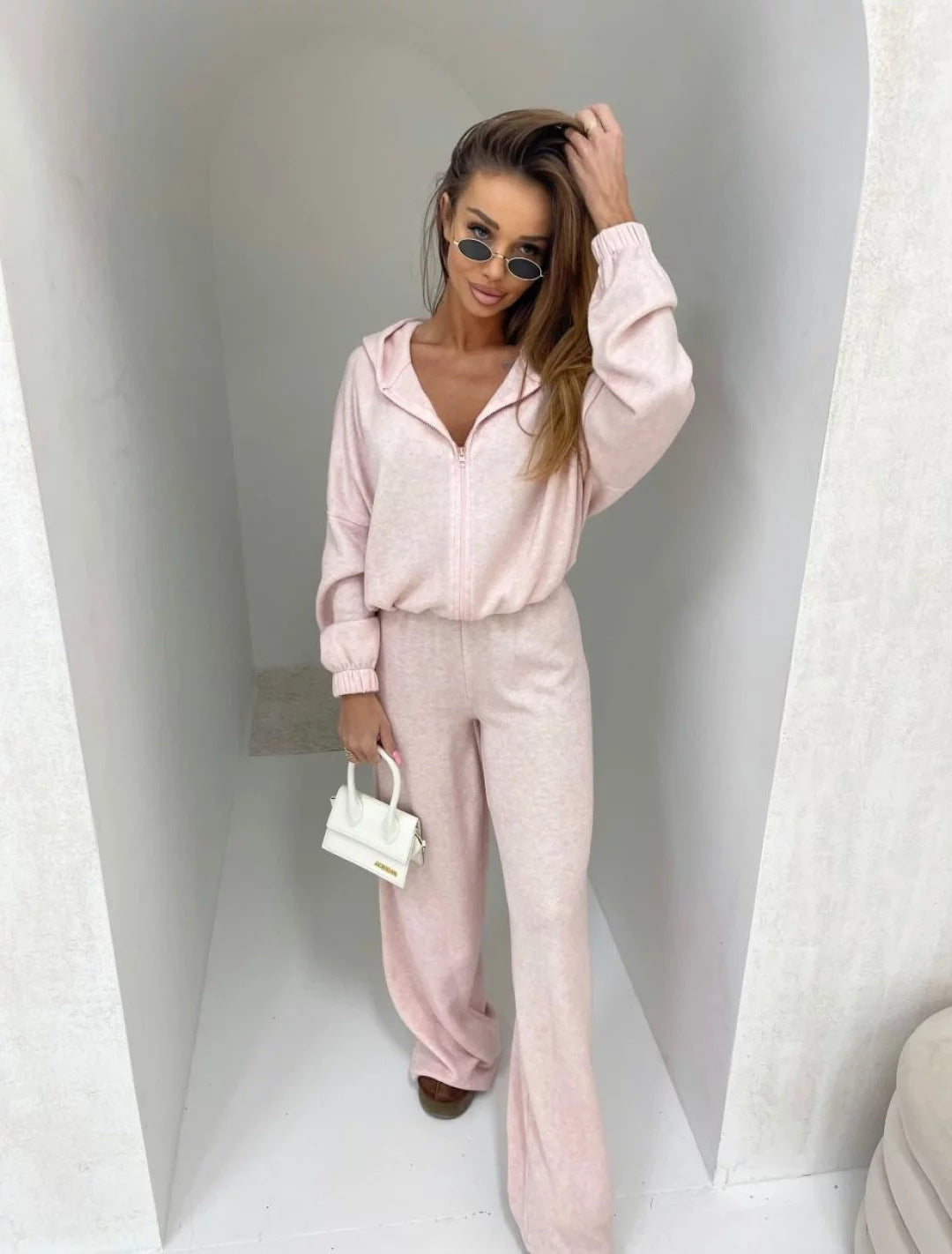 Damen eleganter Fleece-Jumpsuit mit hohem Kragen und durchgehendem Reißverschluss EB