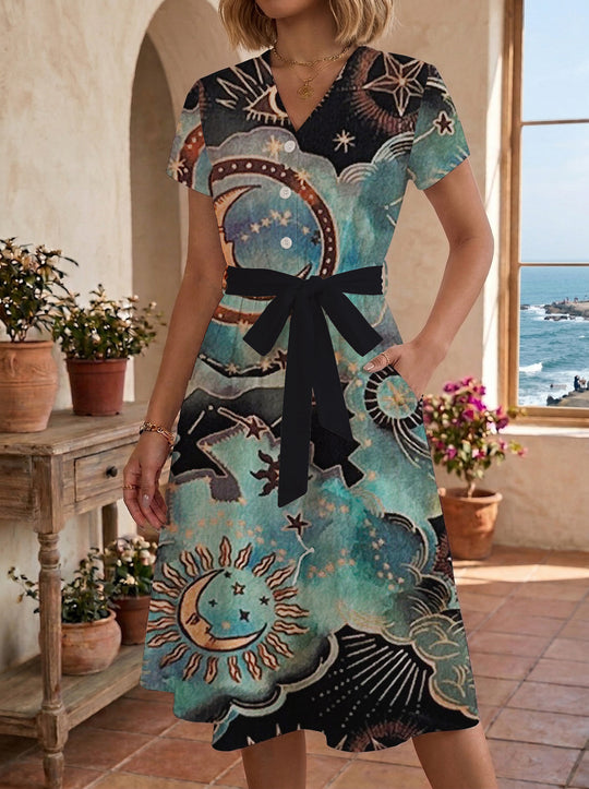 Damen Blühendes Midikleid mit taillierbarem Gürtel und kunstvollem Print EB