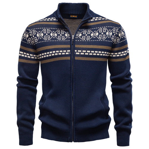 Herren nan Strickjacke mit durchgehendem Reißverschluss, Stehkragen und nordisch-geometrischem Intarsienmuster EB