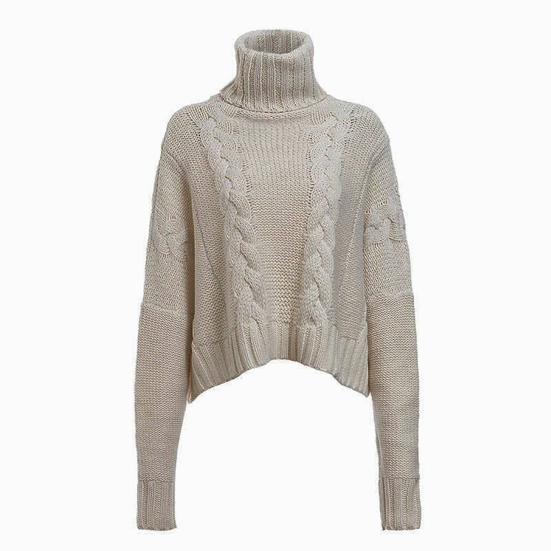 Damen Grobstrickpullover mit hohem Kragen und einzigartigem Zopfdesign EB