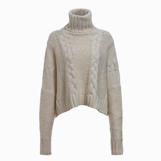 Damen Grobstrickpullover mit hohem Kragen und einzigartigem Zopfdesign EB