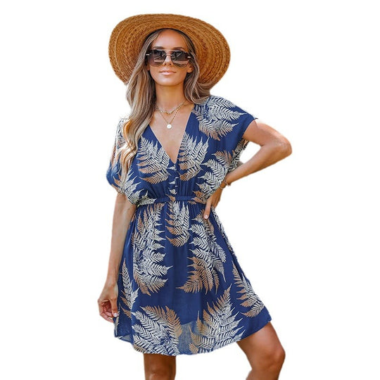 Damen Maxikleid mit botanischem Muster und tiefem V-Ausschnitt EB