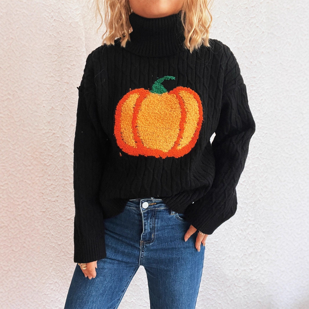 Damen Strickpullover mit Rollkragen und fröhlichem Kürbisdesign EB