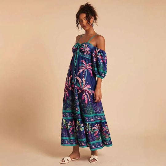 Damen Maxikleid mit schulterfreiem Design und tropischem Druck EB