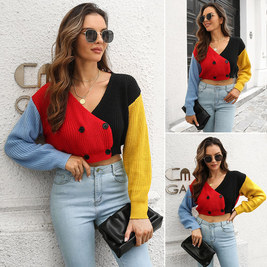 Damen cropped Strickjacke mit modischem Farbblock-Design EB