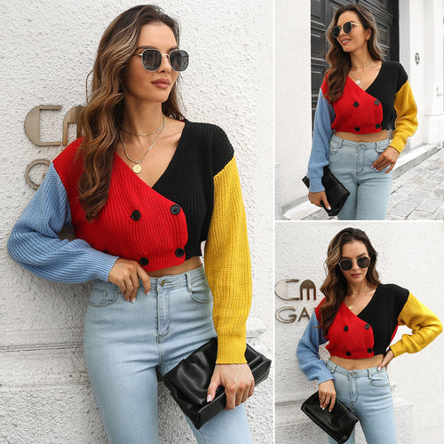 Damen cropped Strickjacke mit modischem Farbblock-Design EB
