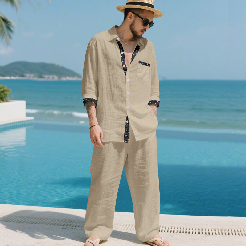Herren Leinenoptik-Loungewear-Set mit Kordelzughose und offenem Hemdjacke EB