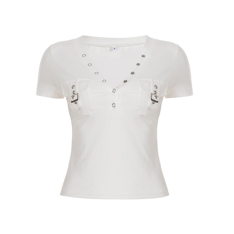 Damen Kurzarm Shirt mit dekorativem V-Ausschnitt und praktischem Taschen-Design EB