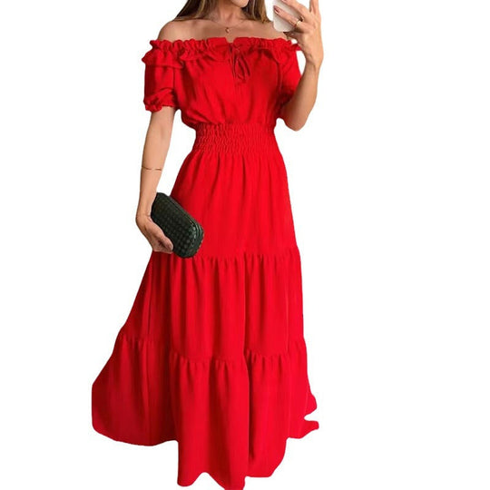 Damen Maxikleid mit Schulterfreiem Design und Voluminösen Rüschen EB