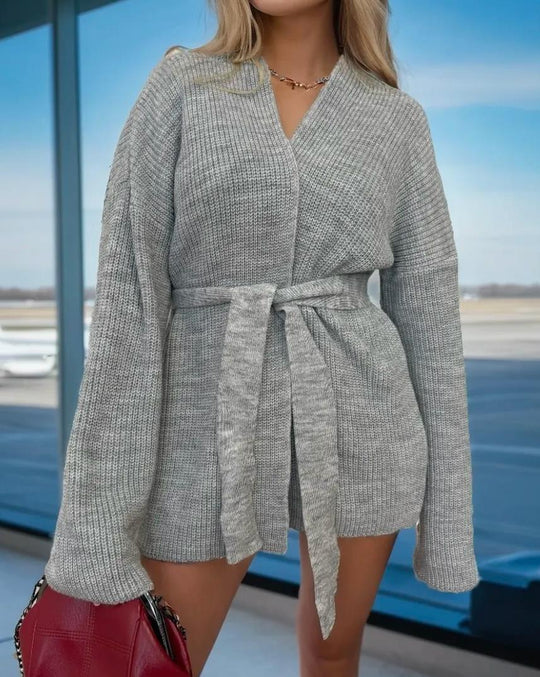 Damen Strickjacke mit Bindegürtel und weit geschnittenen Ärmeln EB
