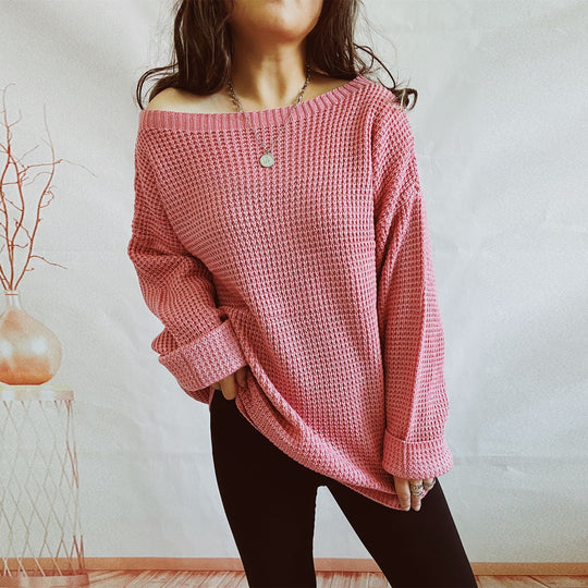 Damen lässiger Strickpullover mit weitem Schnitt und offenem Rückendesign EB