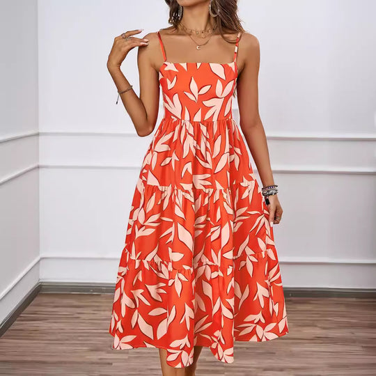 Damen Midi Kleid mit fließendem Rock und verspieltem Blattmuster EB