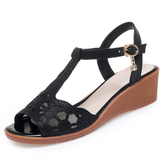 Damen Glamouröse Wedge-Sandaletten mit filigranem Designelement und verstellbarem Riemen EB