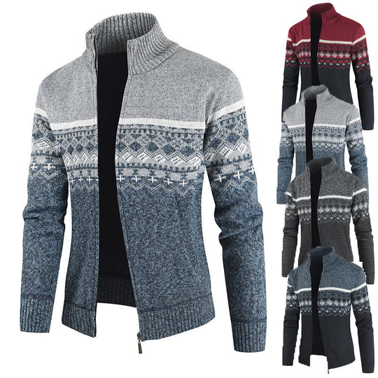 Herren Strickjacke mit Wintermuster und hohem Stehkragen EB