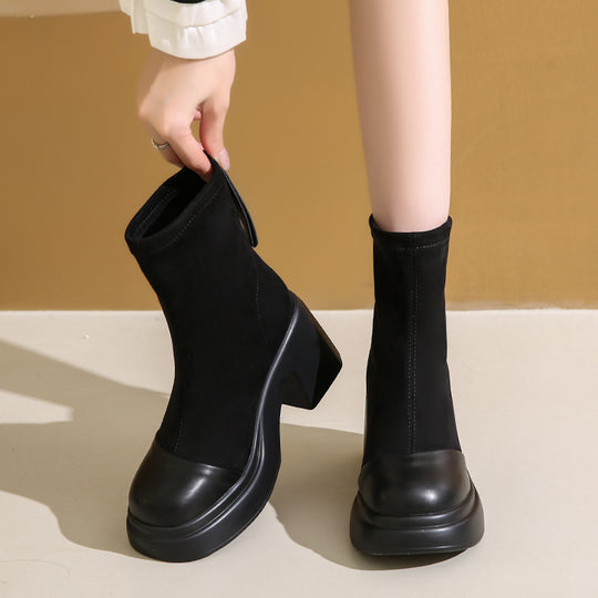 Damen trendige Ankle Boots mit robustem Blockabsatz und elastischer Schafthöhe EB
