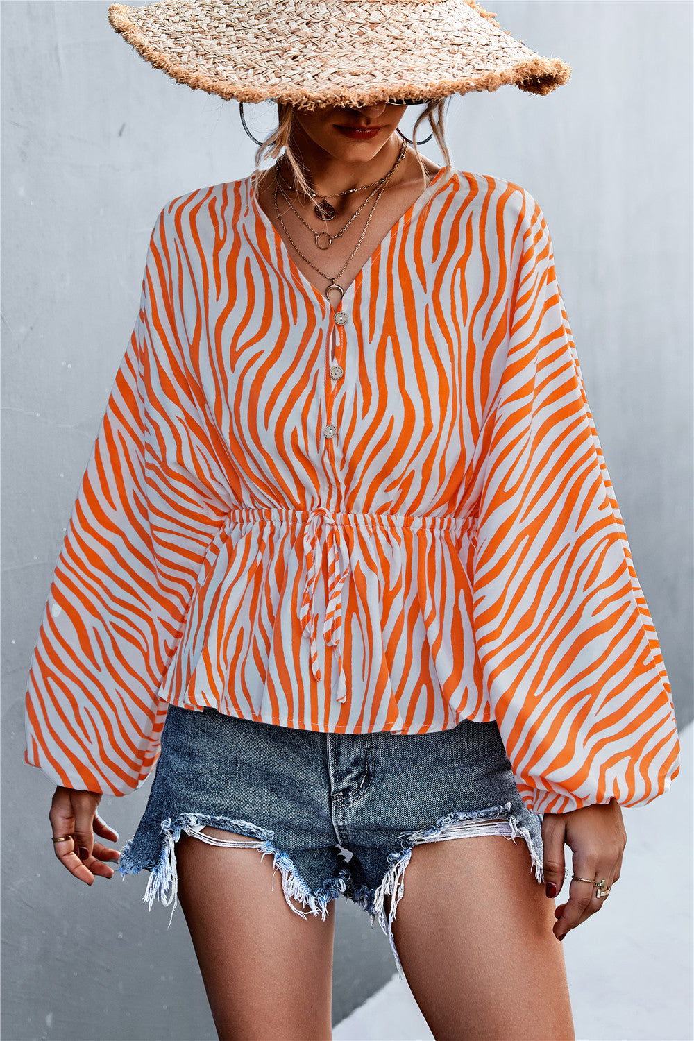 Damen Oversize Bluse mit Zebra-Print und taillierter Raffung EB