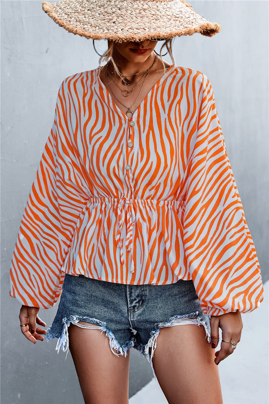 Damen Oversize Bluse mit Zebra-Print und taillierter Raffung EB