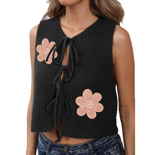 Damen luftiges Stricktop mit Blumenapplikationen EB