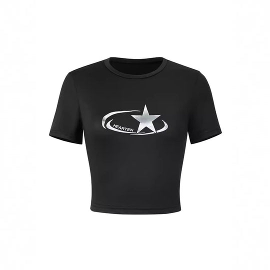 Damen Crop-T-Shirt mit glänzendem Sternmotiv und figurbetontem Schnitt EB