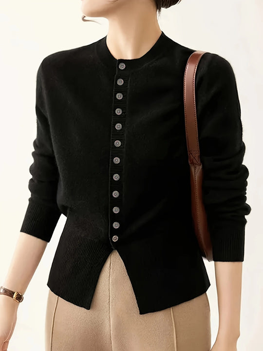 Damen modische Strickjacke mit Knopfleiste und Rippstrickdetails EB