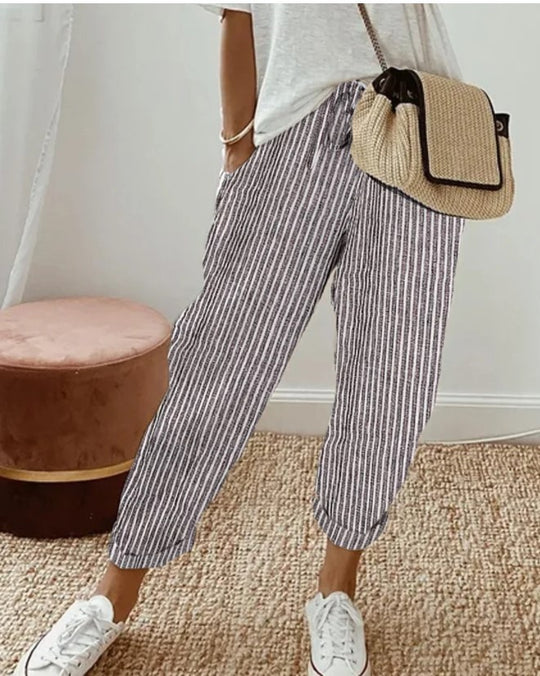Damen lässige Streifenhose mit elastischem Bund und praktischen Eingrifftaschen EB