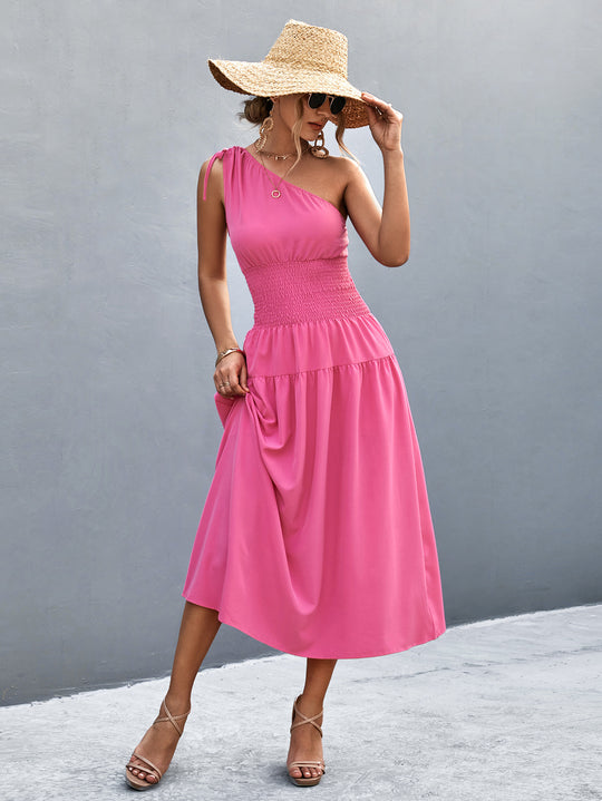 Damen Midikleid mit schnörkellosem Ein-Schulter-Design und elastischem Taillenband EB