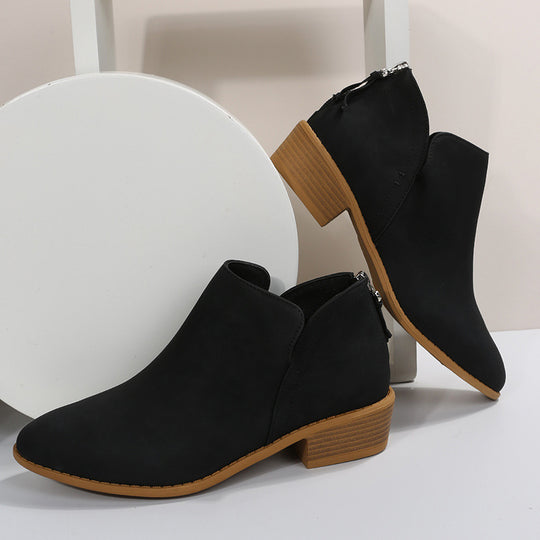 Damen nan leichte Slip-On Ankle-Boots aus Veloursimitat mit V-Ansatz, gepolstertem Komfortfußbett und gestapeltem Blockabsatz EB