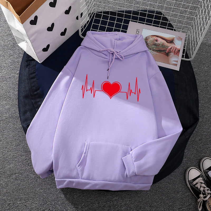 Unisex nan oversized Kapuzenpullover mit Herz-EKG-Print und Kängurutasche EB