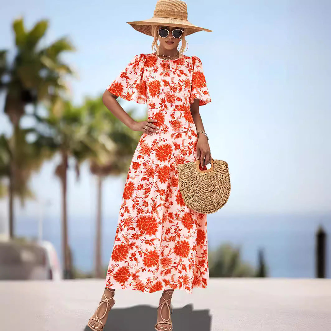 Damen Maxikleid mit floralem Print und eleganter Raffung EB