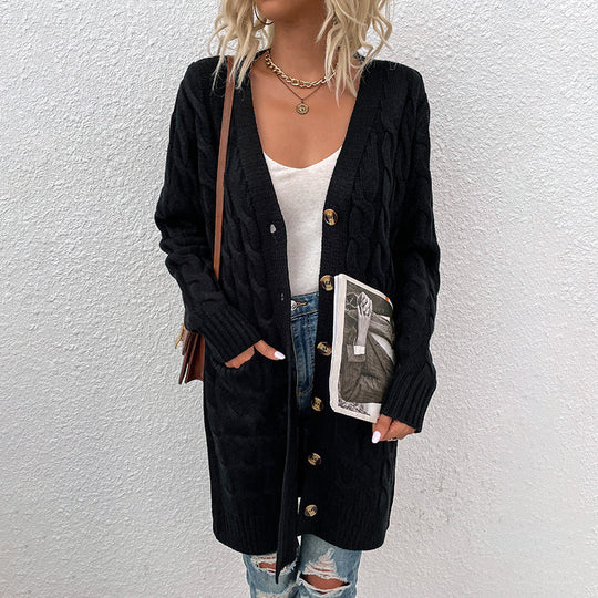Damen Strickjacke mit tiefem V-Ausschnitt und elegantem Zopfmuster EB