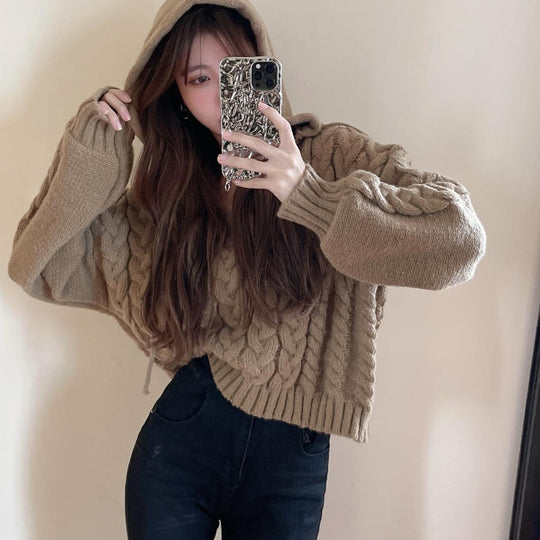 Damen Zopfmuster Pullover mit Kapuze und V-Ausschnitt EB