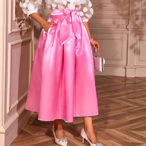 Damen Eleganter Satin-Rock mit breitem Bund und Schärpen-Detail EB