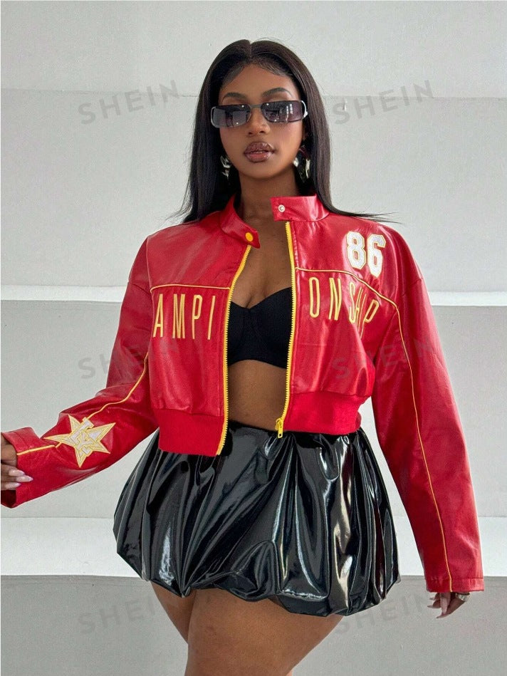 Damen cropped Kunstlederjacke mit sportiven Details EB
