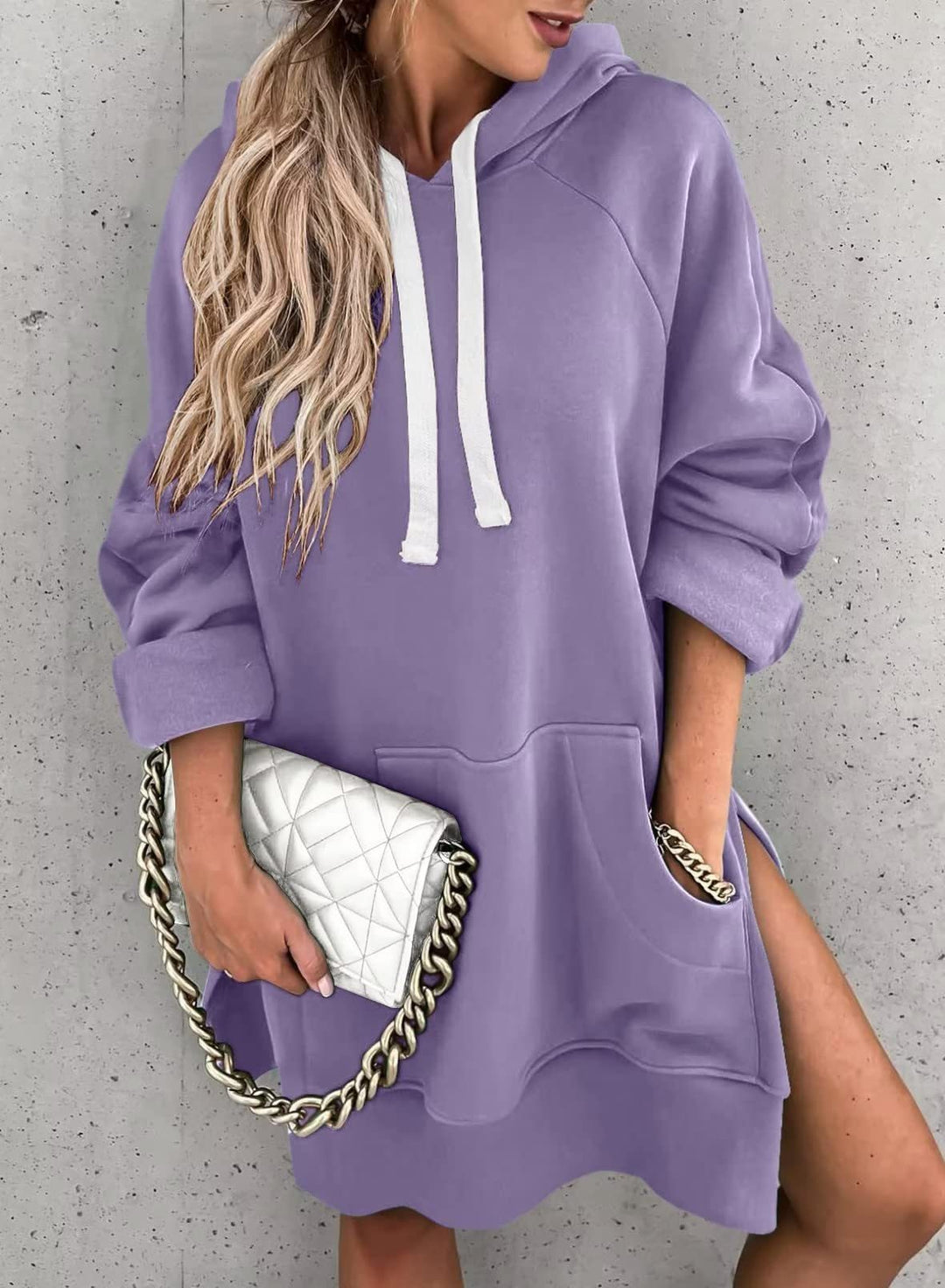 Damen lässiges Kapuzenkleid mit praktischen Eingrifftaschen und seitlichen Schlitzen EB