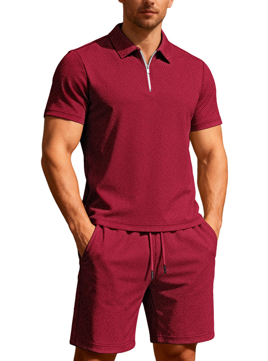 Herren nan komfortables Lounge-Zweiteiler aus strukturierter Baumwollmischung mit Halbzip-Poloshirt und Kordel-Shorts EB