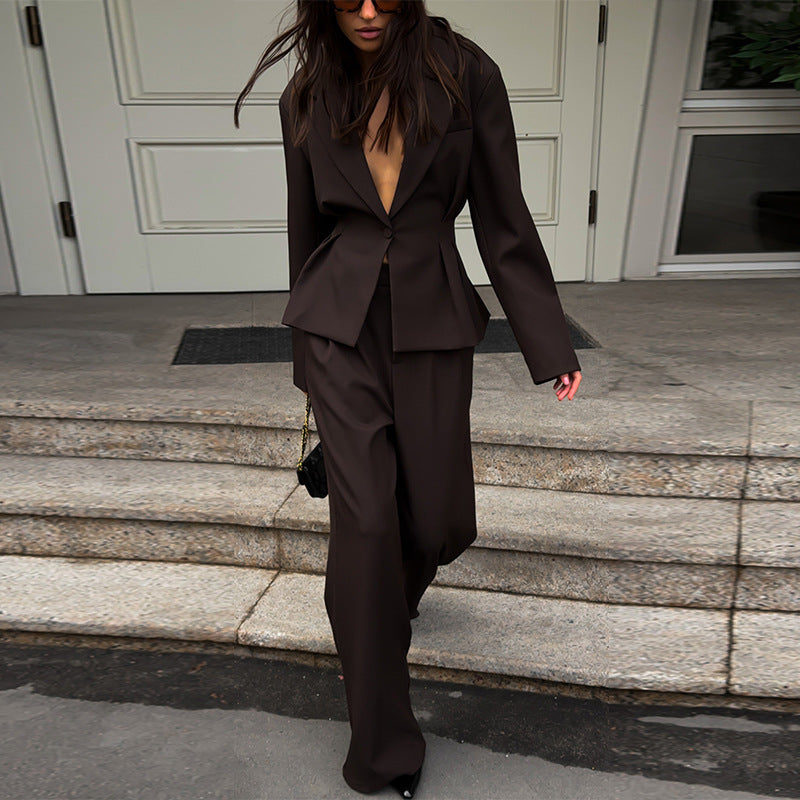 Damen eleganter Hosenanzug mit tailliertem Blazer und weitem Bein EB