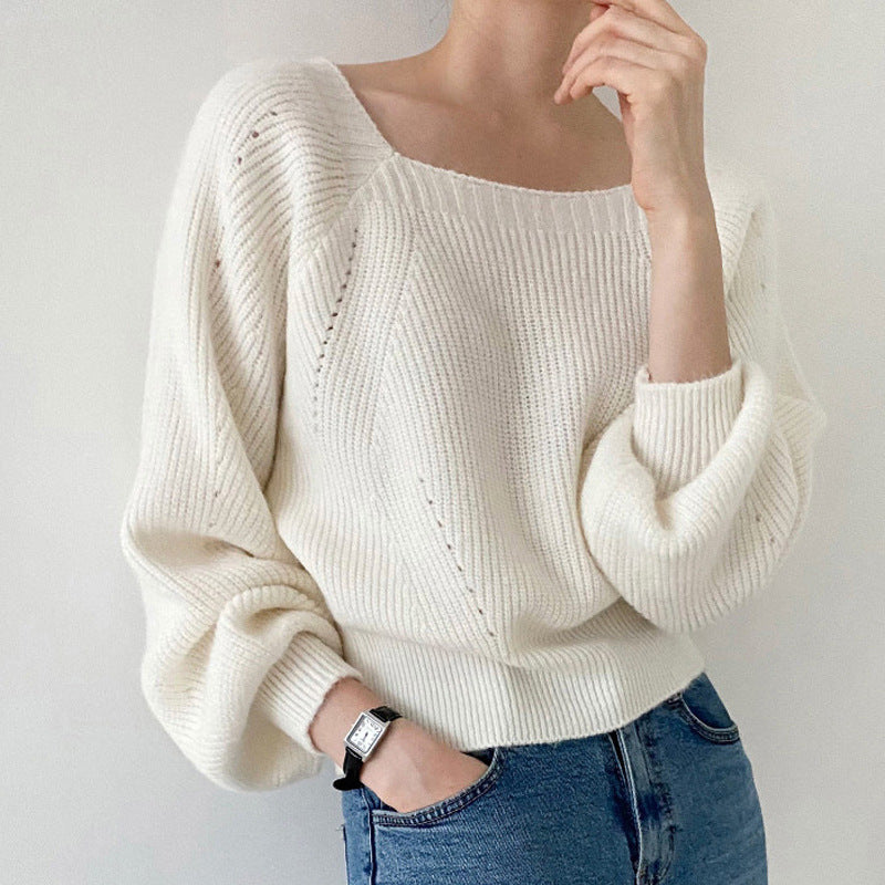 Damen Eleganter Grobstrickpullover mit offener Schulterpartie und weiten Ärmeln EB